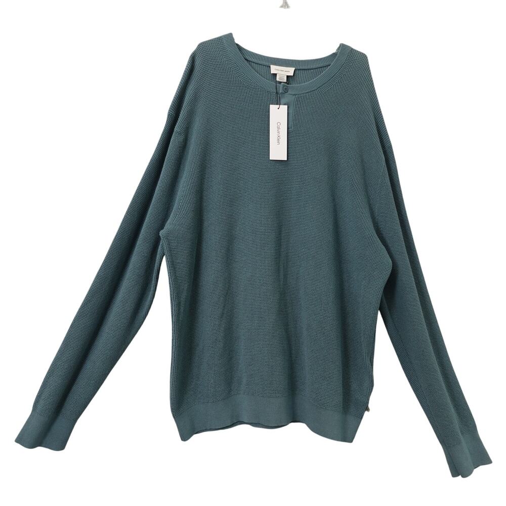 Calvin Klein Jeans Men's Cotton Waffle Henley Sweater Teal- XL